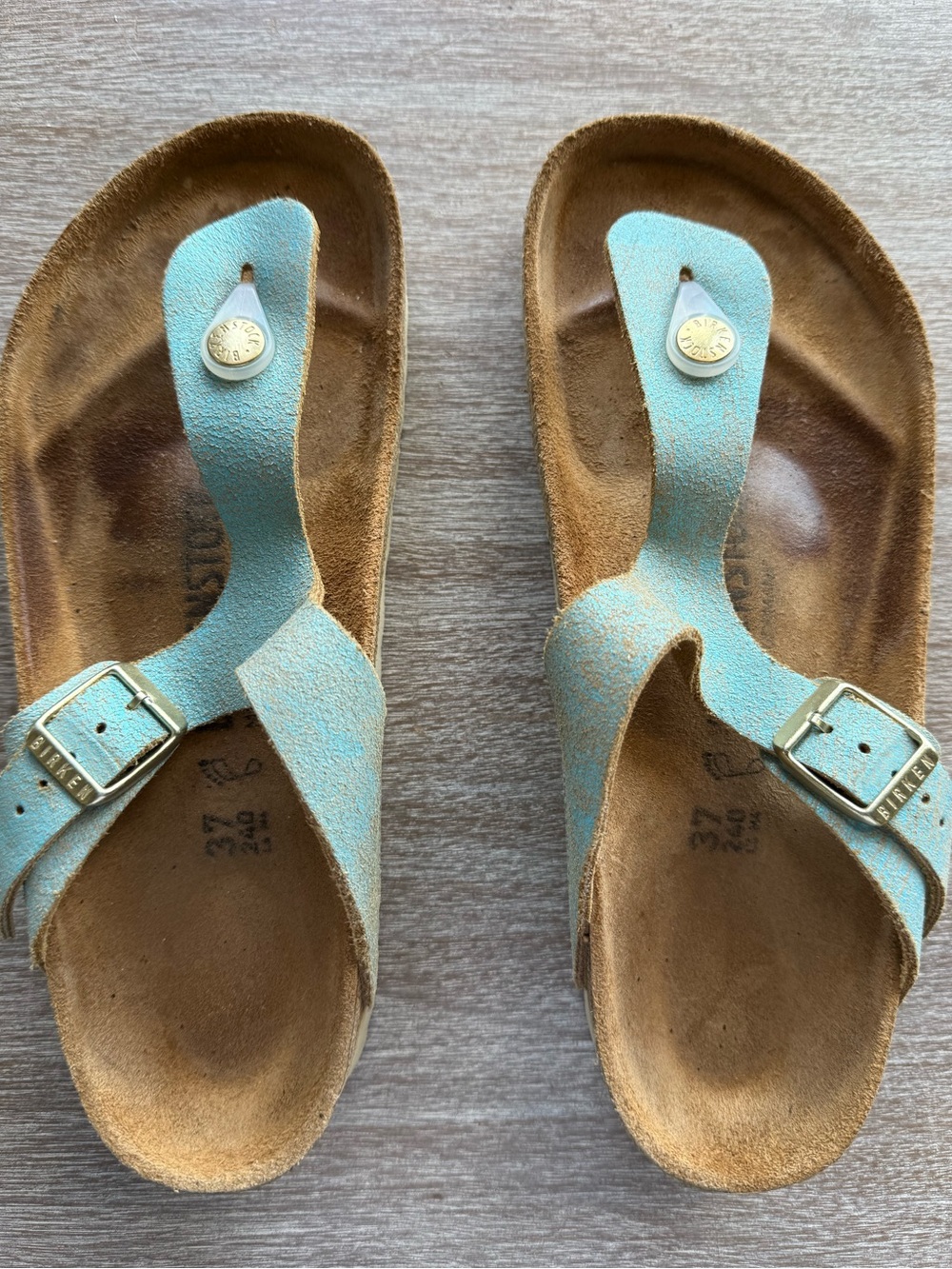 Birkenstock Gizeh Washed Metallic Aqua Leather Sandals Size 37 US 6 6.5 Narrow